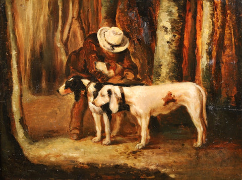 Charles Olivier de Penne - “Hunter and two dogs” Oil on panel