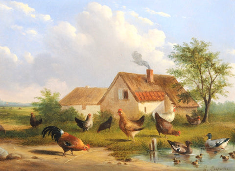 Évariste Carpentier - Oil on Panel “Chickens before a cottage”
